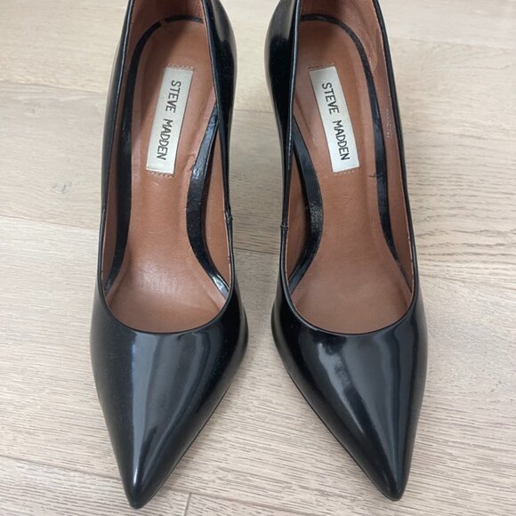 Steve Madden Proto Black Leather Stiletto Heels Pumps, Size 7.5, Made in Brazil - Picture 1 of 5